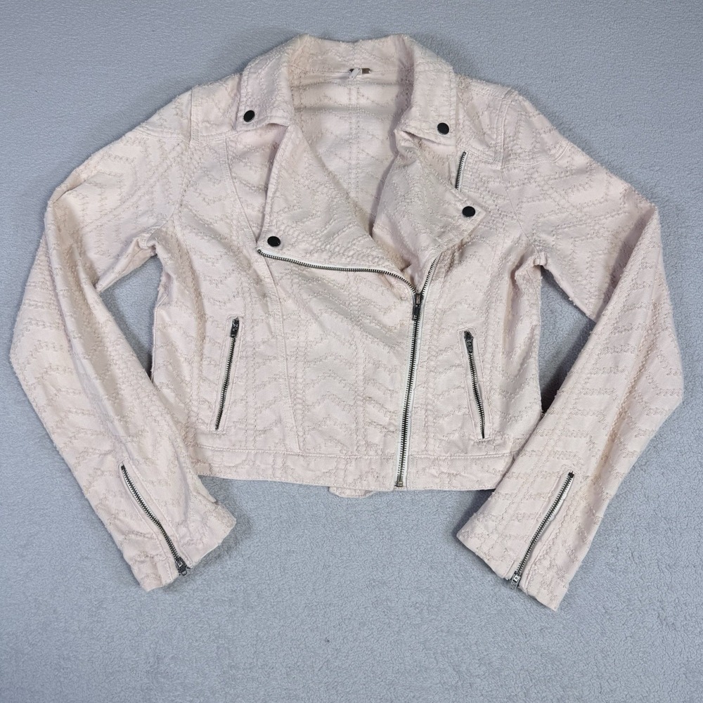 Free People Cotton Cropped Moto Jacket 8 Pink Side Zipper Lightweight Canvas